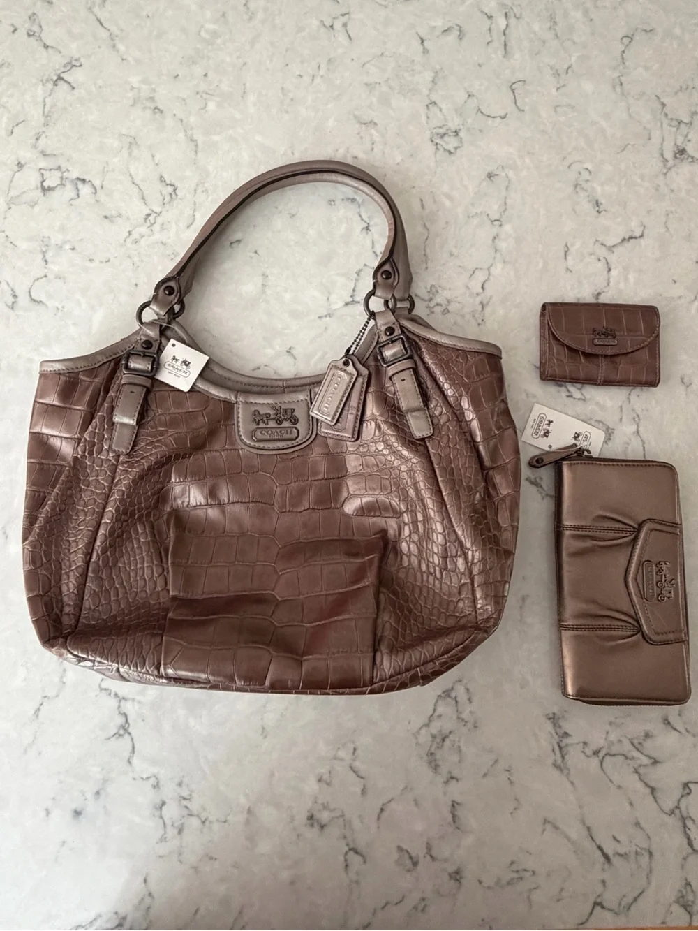 Coach Metallic Bronze Croc-Embossed Shoulder Tote with Matching Wallets